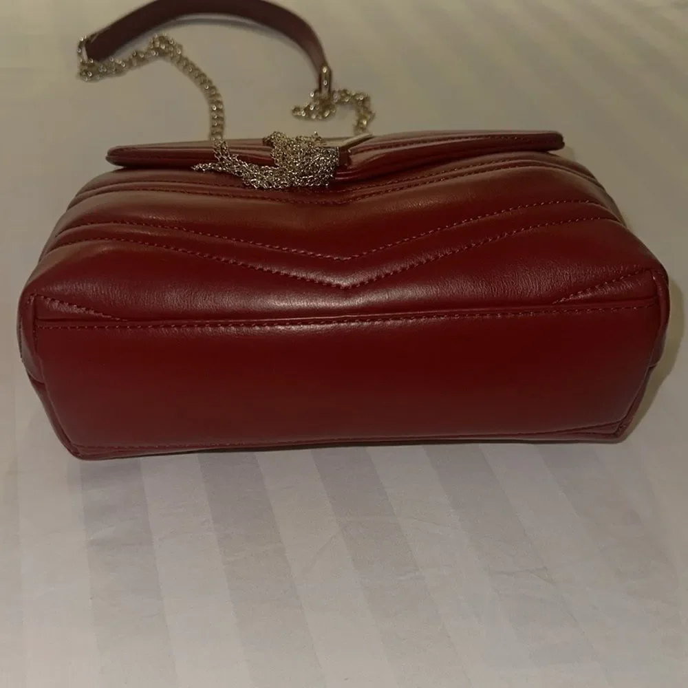Mario Valentino Cherry Red Gold Tone Privilege Flap Chain Strap Purse
